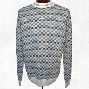 Franco Danti Italy Mens L Crewneck Sweater Checkerboard Blue Green Cotton Blend